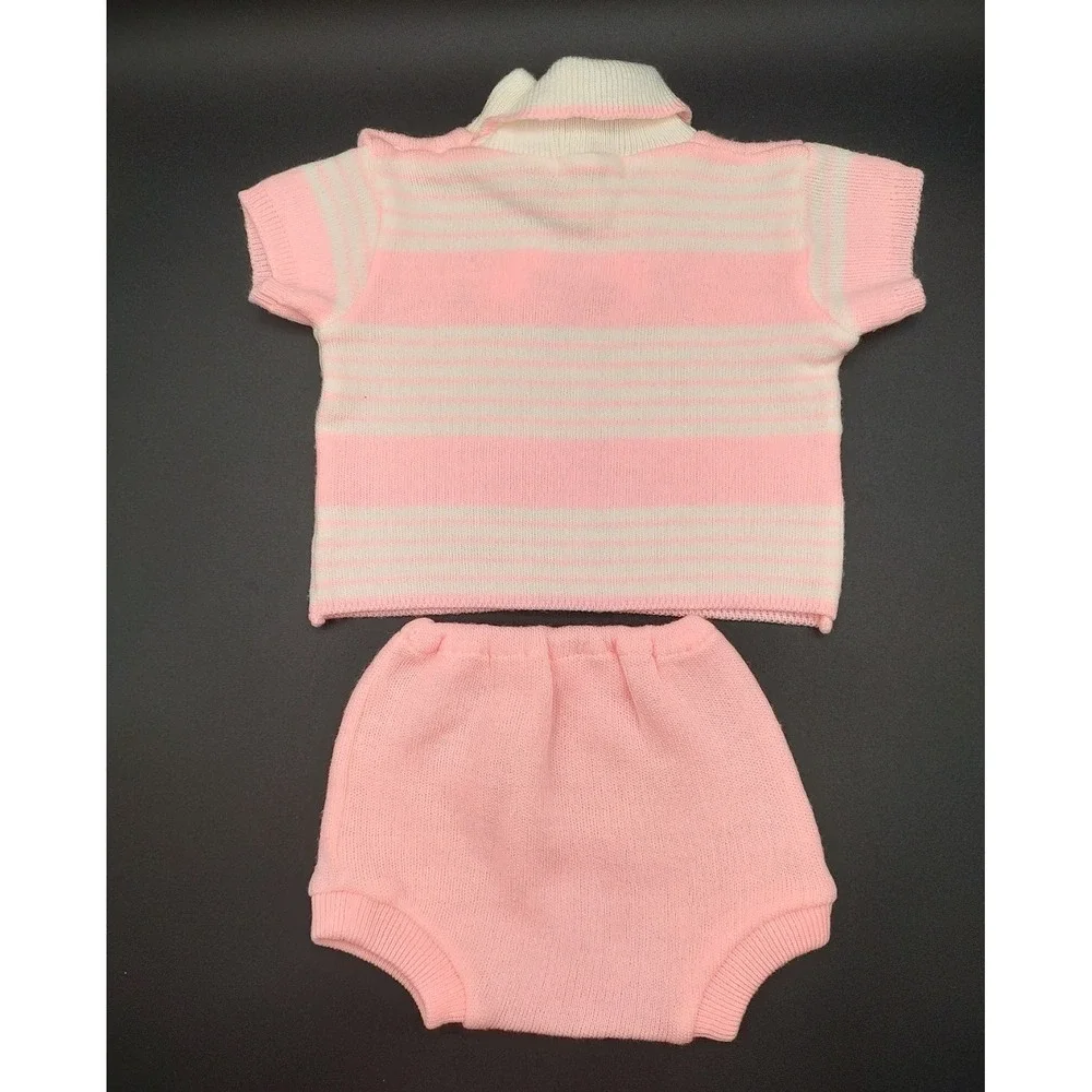 Vintage Novelty Knit Pink White Striped Bunny‎ Applique Sweater Bloomer Set 0-3M